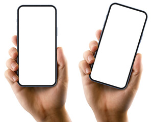 Wall Mural - man's hand holding the black smartphone with a transparent blank screen isolated transparent backgro