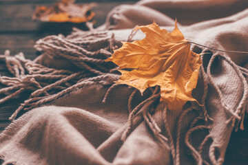 Fotomurales - Autumn home cozy composition with a scarf and maple leaves on a wooden background.