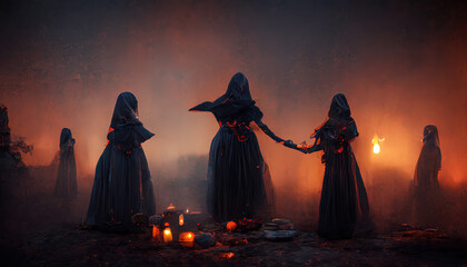 Wall Mural - A gloomy dramatic background, witches in black cloaks perform a ritual in a dark gloomy forest. Background for Halloween holiday. Magic atmospheric background, witchcraft. 3D illustration