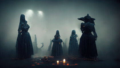 A gloomy dramatic background, witches in black cloaks perform a ritual in a dark gloomy forest. Background for Halloween holiday. Magic atmospheric background, witchcraft. 3D illustration