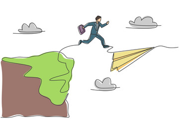 Wall Mural - single one line drawing young smart business man jumping from edge cliff into flying paper aircraft.