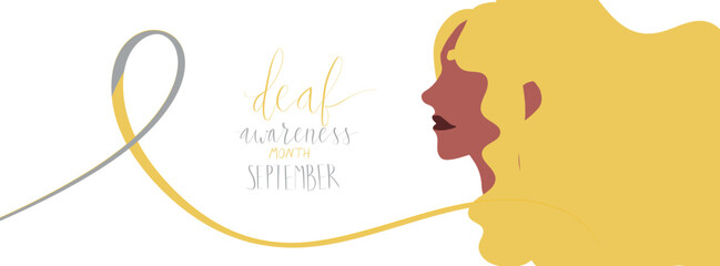 Deaf awareness month september handwritten calligraphy. Yellow and gray support ribbon. Vector card template.