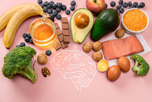 Best Foods For Brain And Memory On Pink Background. Food For Mind And Charge Of Energy. Healthy Lifestyle. Copy Space. Top View