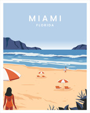 Summer In Miami Beach Florida. Poster Vector Illustration With Minimalist Style. 