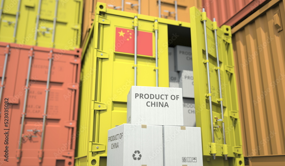 Cardboard boxes with goods from China and cargo containers. Industry ...