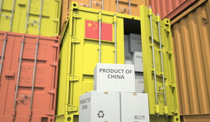 Wall Mural - Cardboard boxes with goods from China and cargo containers. Industry and logistics related conceptual 3D rendering