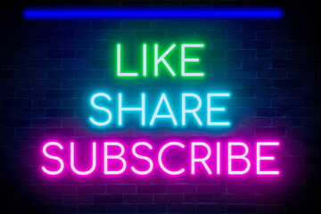 Like, share, subscribe neon banners on bricks wall background, light signboard followers, and social media content channels.