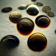 Oil drops and bubbles on a plastic engine surface. Closeup 3D render. Soft focus.