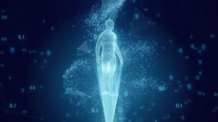concept technology human hologram from points, plexus and polygons in a cloud of binary code and con