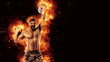 © zamuruev - Handsome bearded shirtless tattooed bodybuilder workout wih kettlebell. Fire art concept