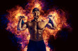 © zamuruev - Handsome bearded shirtless tattooed bodybuilder workout wih kettlebell. Fire art concept