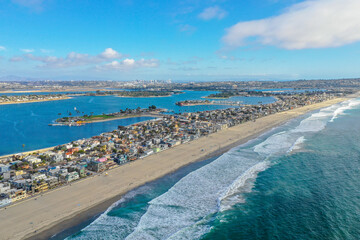 aerial of mission bay and mission bay in san diego, ca