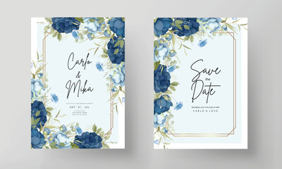 Hand drawn blue peony flowers wedding invitation