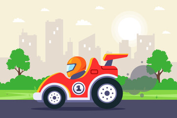 racing car rides on the track against the backdrop of the city. flat vector illustration.