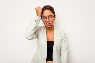 Wall Mural - Young hispanic woman isolated on white background forgetting something, slapping forehead with palm and closing eyes.