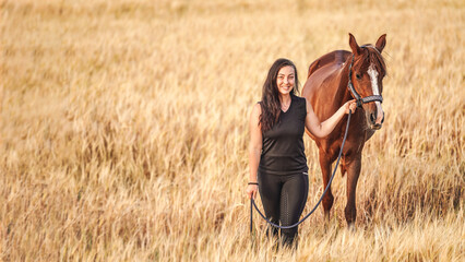 Young woman in black leggings and t shirt walking with brown Arabian horse in wheat field