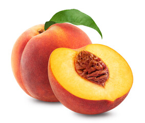 Wall Mural - peaches isolated. ripe peach and half of a peach on a white background. fresh fruits.
