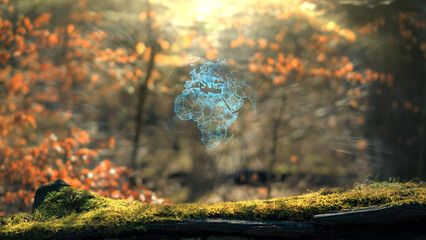 Wall Mural - africa digital earth plexus sphere concept on moss in real forrest