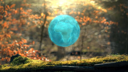 Wall Mural - earth digital sphere concept on moss in real forrest