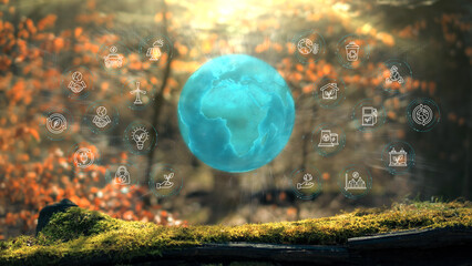 Wall Mural - ecological green energy icons earth digital sphere concept on moss in real forrest