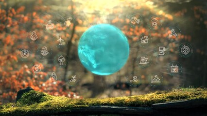 Wall Mural - ecological green energy icons earth digital sphere concept on moss in real forrest