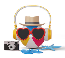 Wall Mural - Beach ball  waring headphone with camera and slippers, summer season, 3d rendering