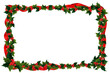 Illustration of shiny red ribbon woven with holly leaves and berries into a frame