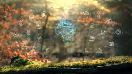 Wall Mural - ecological green energy icons plexus earth sphere concept on moss in real forrest