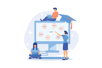 Programming languages learning. Software coding courses, website development class, script writing. IT programmers cartoon characters.