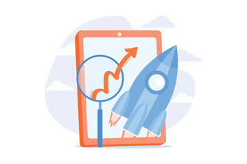 Mobile software optimization. Business development, startup, launching process. Rocketship and smartphone isolated flat design element. Vector illustration