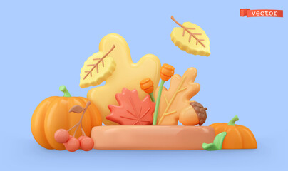Wall Mural - autumn decoration. leaves, pumpkin, acorn, rowan. 3d render vector objects