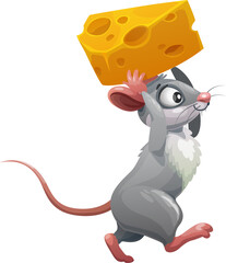 Wall Mural - Cartoon grey mouse with cheese, funny rat animal