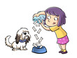 Illustration of a little girl feeding her dog