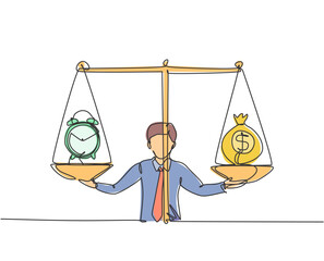 Wall Mural - single continuous line drawing young business man weight money bag and analog clock with scale. mini