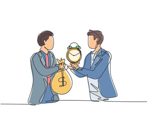 Wall Mural - Continuous one line drawing of two young male workers exchange money bag and analog alarm clock. Time management business barter minimalist concept. Single line draw design vector graphic illustration