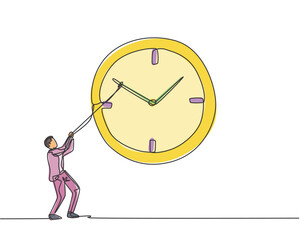 Wall Mural - continuous one line drawing young male worker pulling clockwise of big analog wall clock with rope. 
