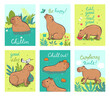Set of postcards with cute capybaras. Vector graphics.