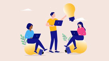 Fototapete - Idea workshop - Diverse small team of business people working with innovation and new ideas with light bulbs and computers. Flat design vector illustration