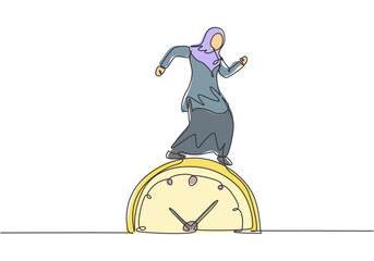 Single one line drawing of young Arabian business woman walking on the big analog clock. Minimalism metaphor business deadline concept. Modern continuous line draw design graphic vector illustration.