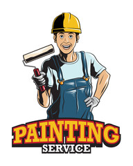 painter handling roller illustration with painting service text. painting service logo vector. 