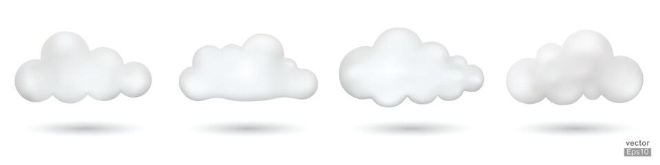 Wall Mural - Set of White 3d clouds isolated on a white background. Soft round cartoon fluffy cloud icon. Realistic clouds vector set. 3D Vector illustration.