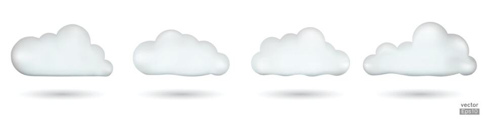 Wall Mural - Set of White 3d clouds isolated on a white background. Soft round cartoon fluffy cloud icon. Realistic clouds vector set. 3D Vector illustration.