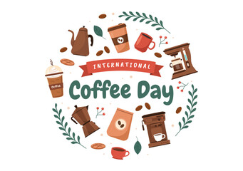 International Coffee Day on 1st October Hand Drawn Cartoon Flat Illustration with Cacao Beans and a Glass of Hot Drink Design