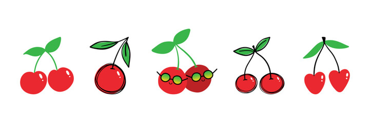 Wall Mural - Set, collection of doodle and cartoon style cherry characters in sunglasses and cherry icons for food and nature design.
