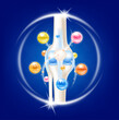 Dietary supplement bones. Arthritis knee joint pain in leg. Bone with Collagen UC-II, Vitamin D, Magnesium, Sesamin and Aquamin. Medical healthcare skeleton x ray scan concept. Vector EPS10.