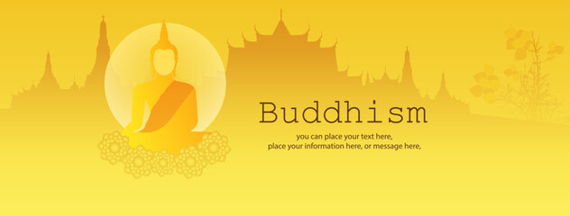 Banner buddha meditating on a yellow gold vector illustration - Magha Puja, Asanha Puja, Vesak Puja Day, Buddhist holiday concept. Thailand culture