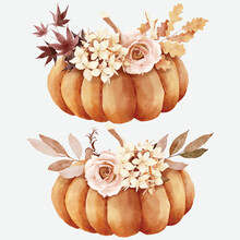 Pumpkin With Floral Bouquet In Watercolor Style