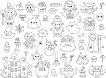 Vector Black And White Kawaii Halloween Clipart Set For Kids. Cute Line Samhain Party Coloring Page. Scary Collection With Jack-o-lantern, Haunted House, Ghost, Skull, Bat, Witch, Vampire.