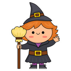 Wall Mural - Vector kawaii witch. Cute smiling Halloween character for kids. Funny autumn all saints day cartoon illustration with girl in tall hat with broomstick. Samhain party icon design for children.