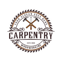 Sticker - carpentry emblem logo with illustration of saw blade, hammer  and chisel.